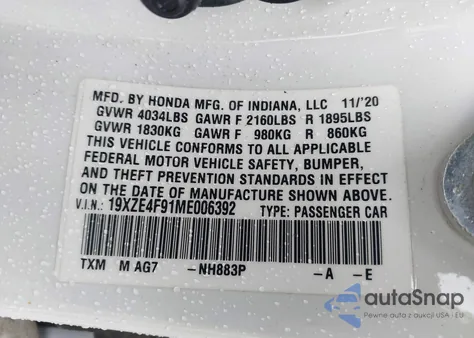 2021 Honda Insight Touring z USA, uszkodzony, nr VIN 19XZE4F91ME006392